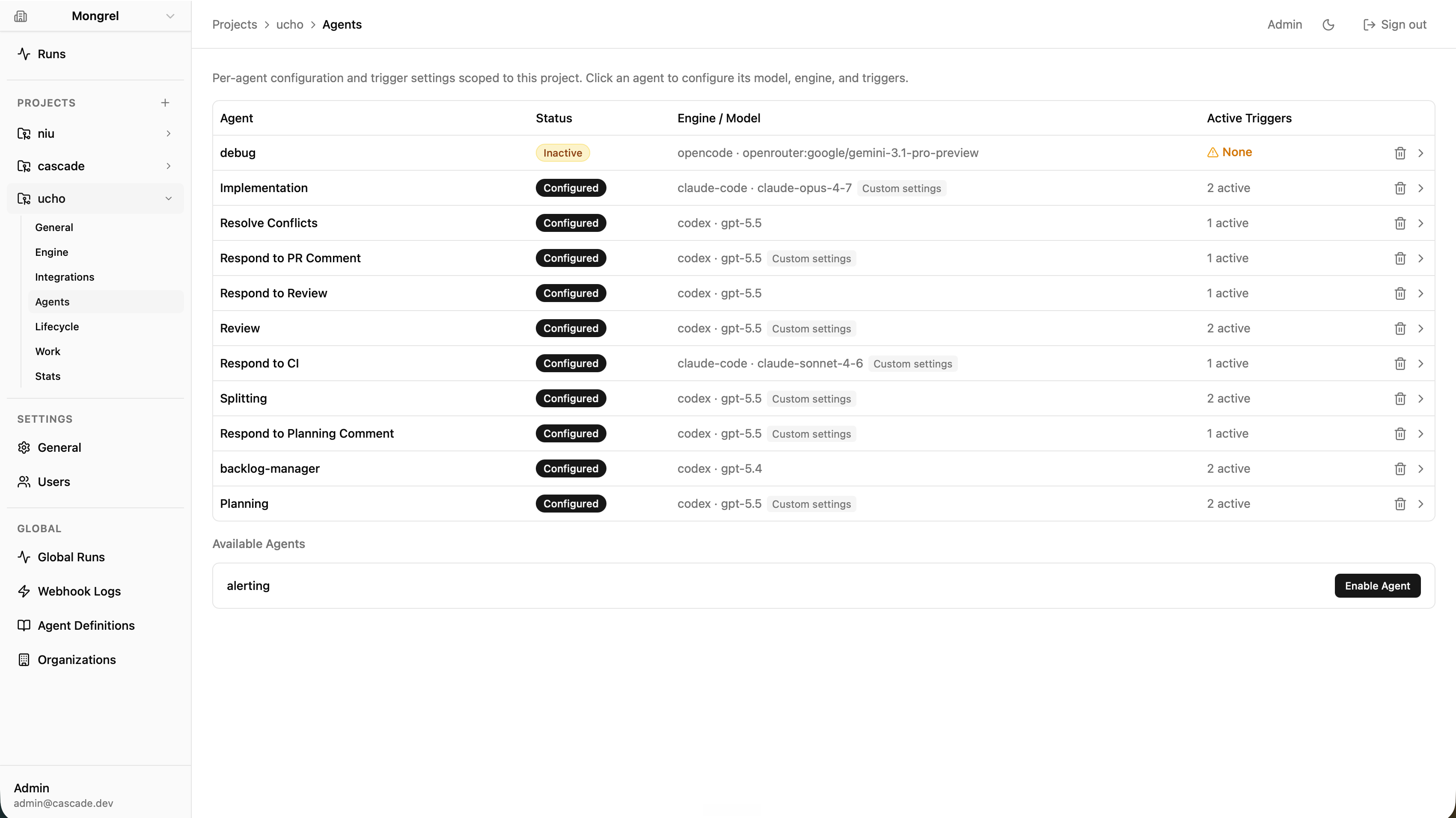 Per-project agent + engine assignment