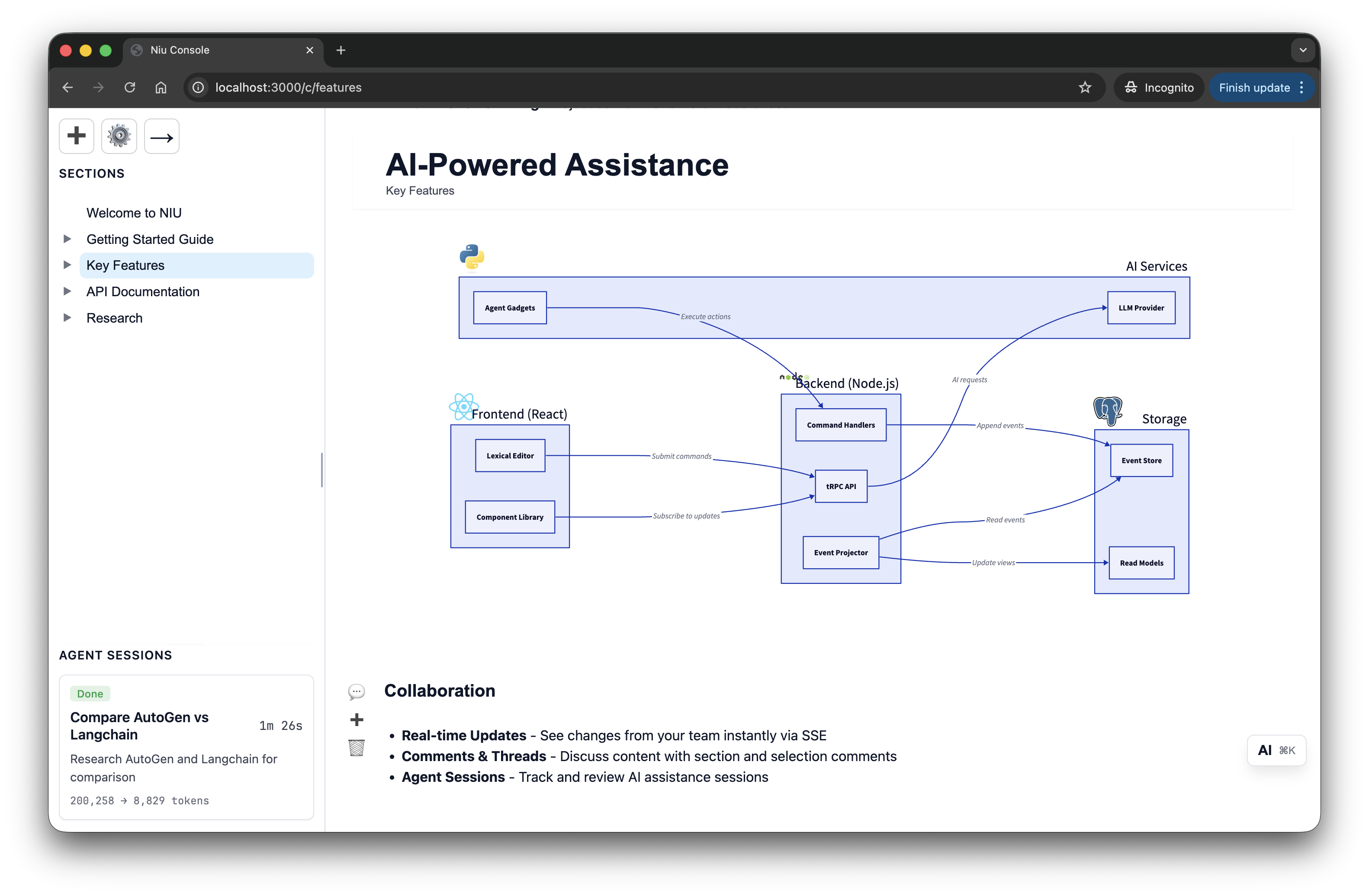Architecture — React + Node + event store + agent gadgets