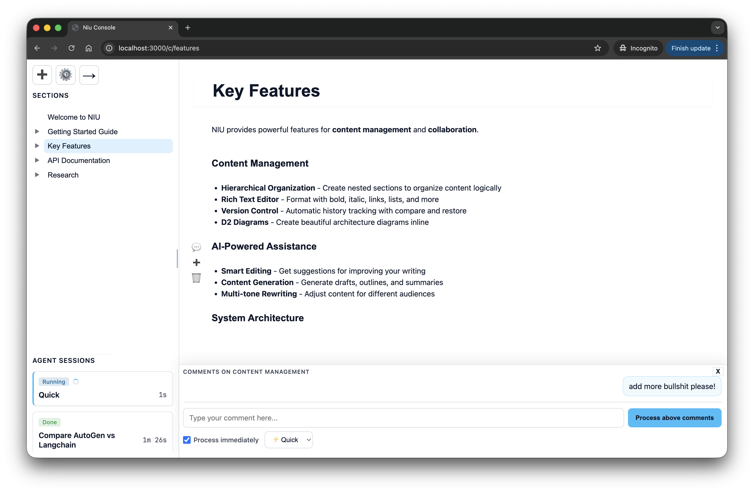 Feature overview, with inline comments