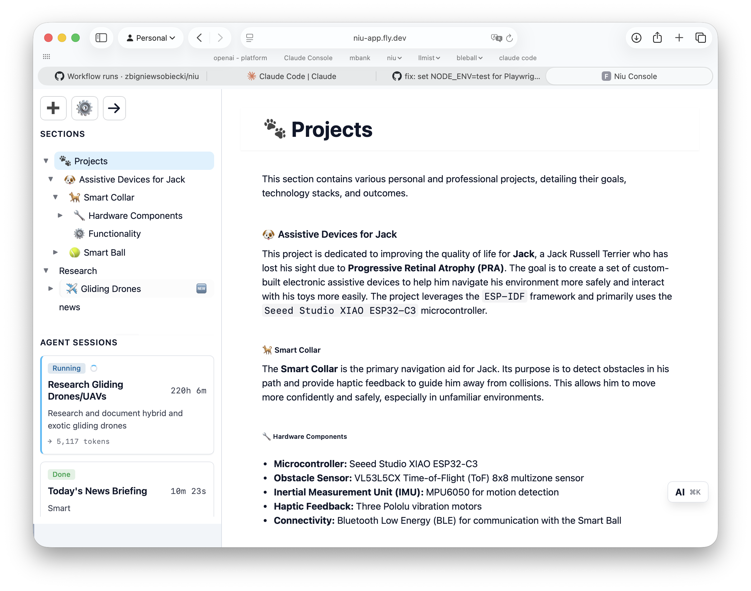 Hierarchical sections + agent sessions sidebar