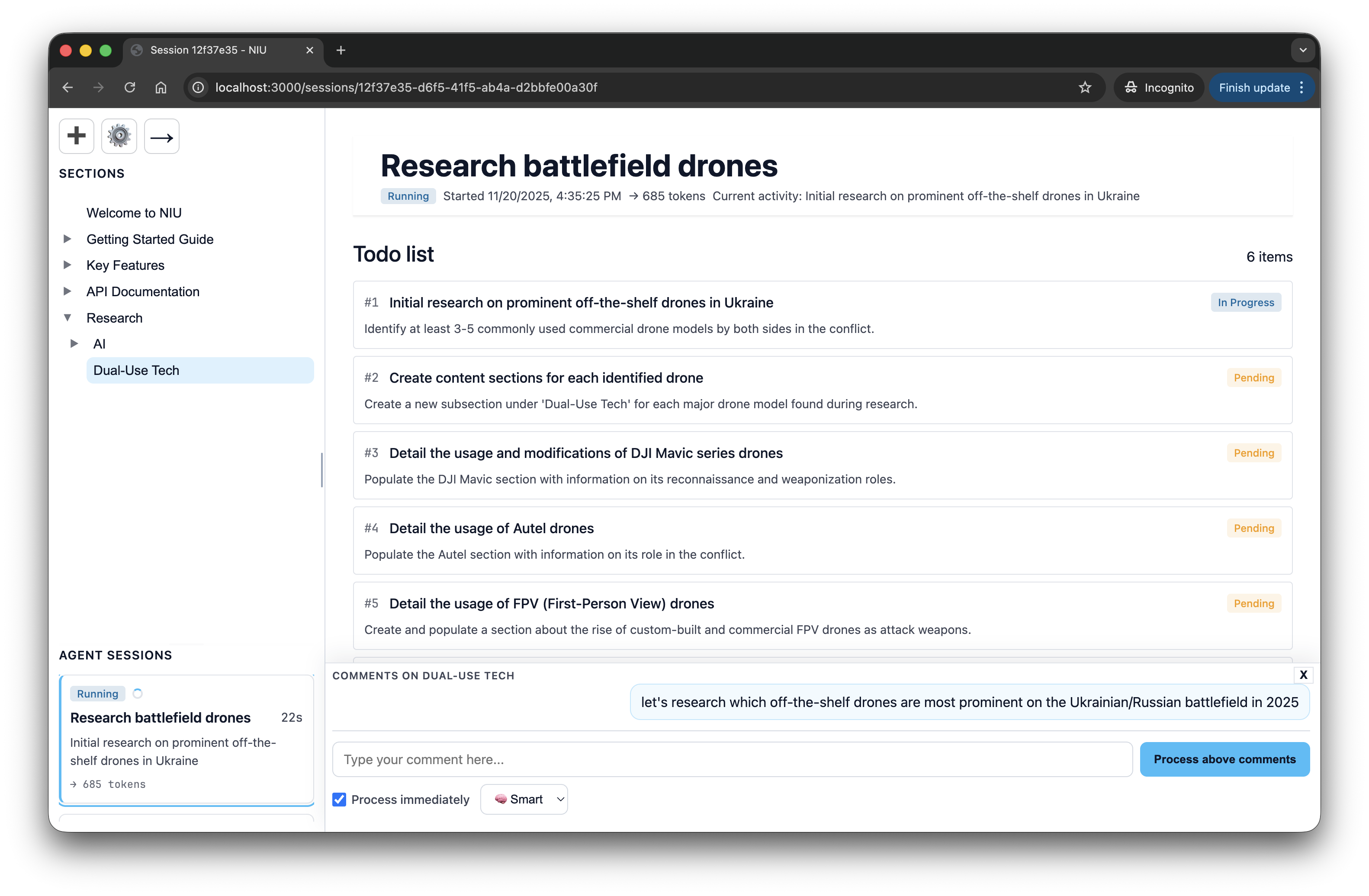Agent session — research with auto-generated todos
