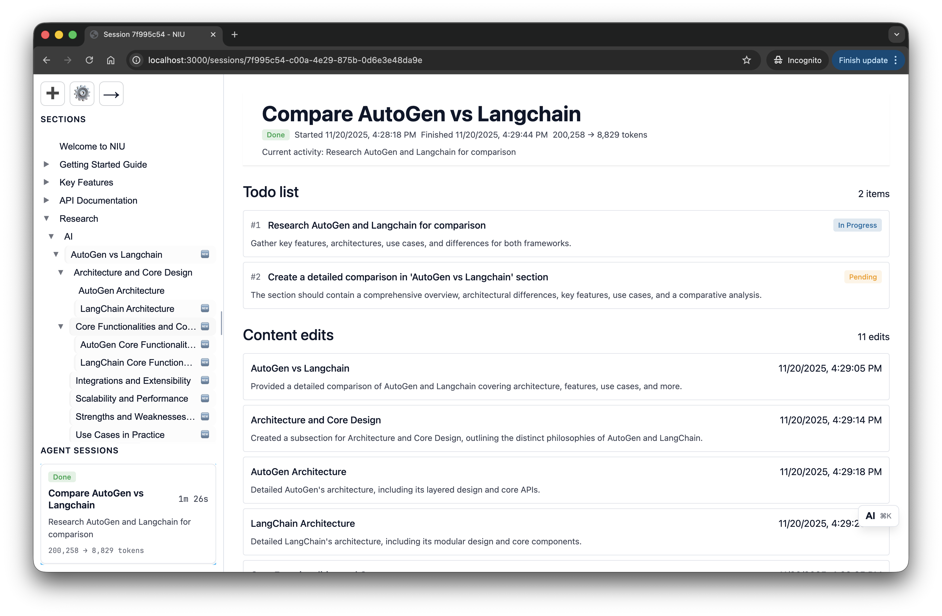 Agent session — todos + content edits log