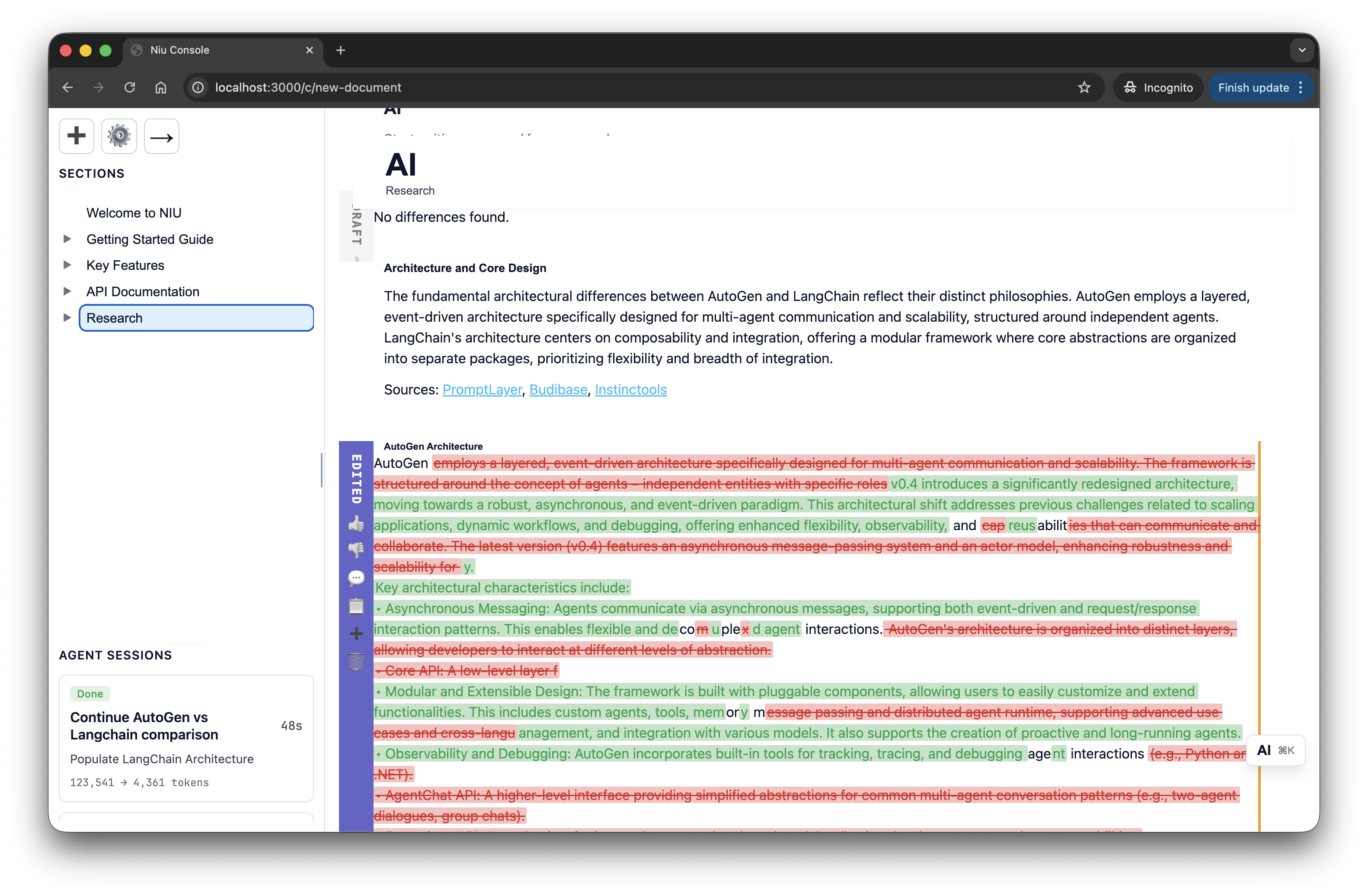Versioned rich text with diff and intent audit