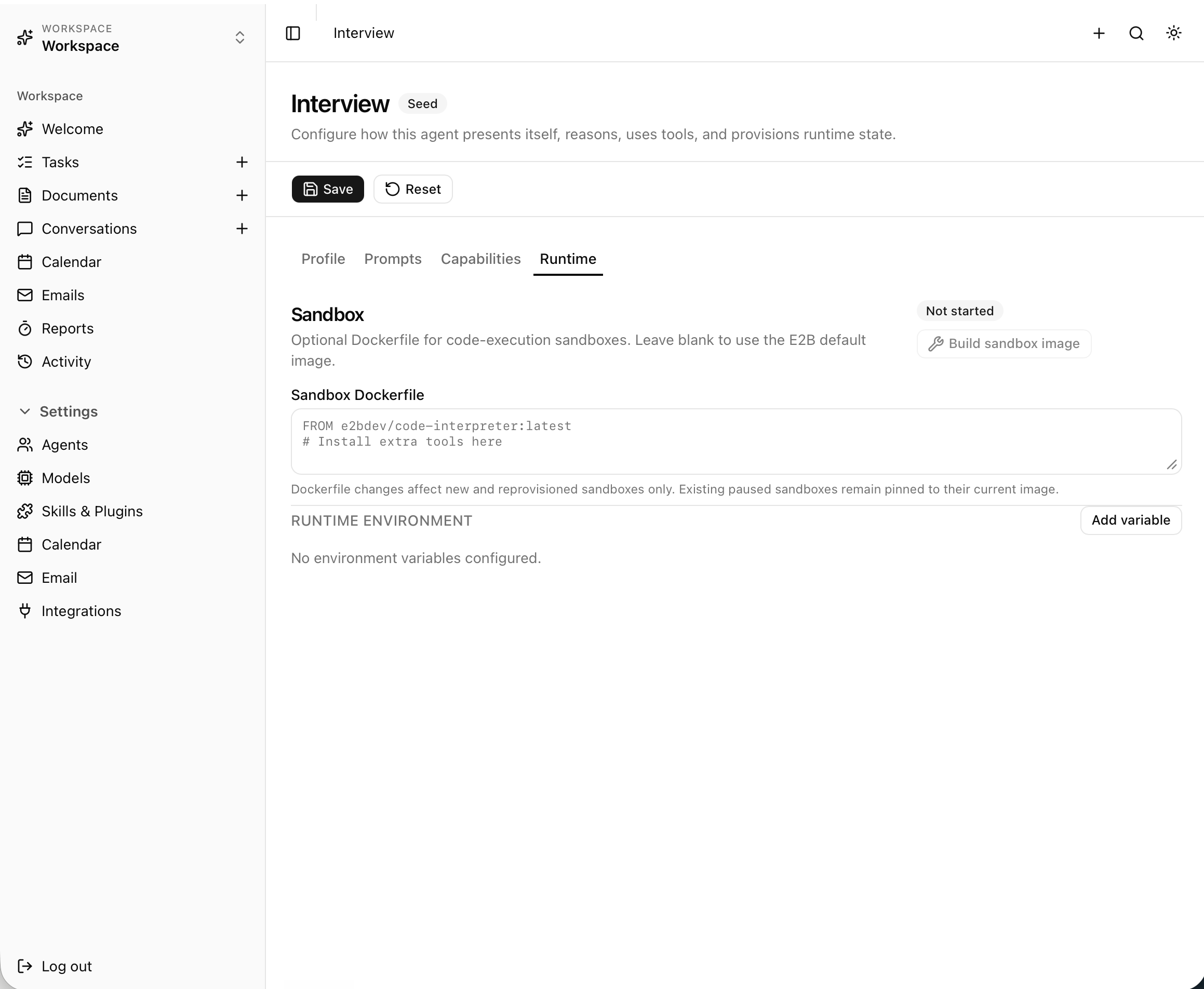 Agent sandbox — custom Dockerfile for code execution