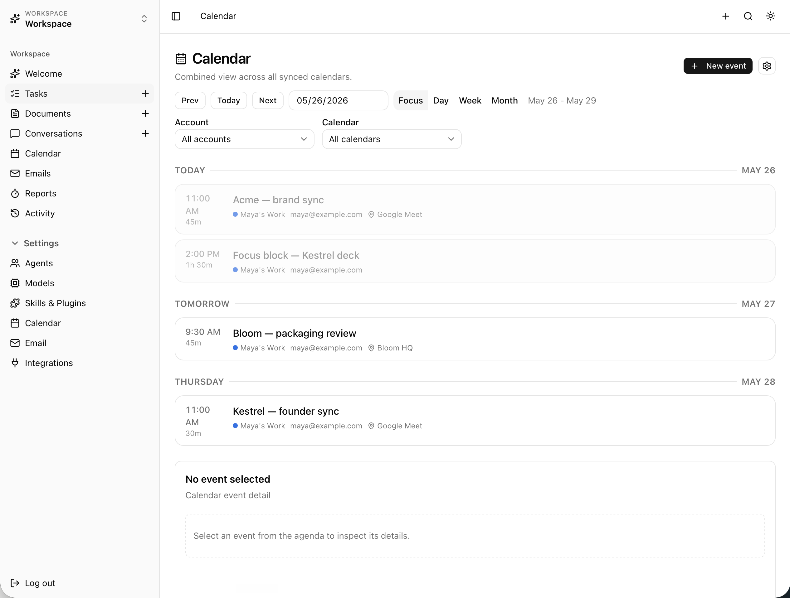 Calendar — combined across synced accounts