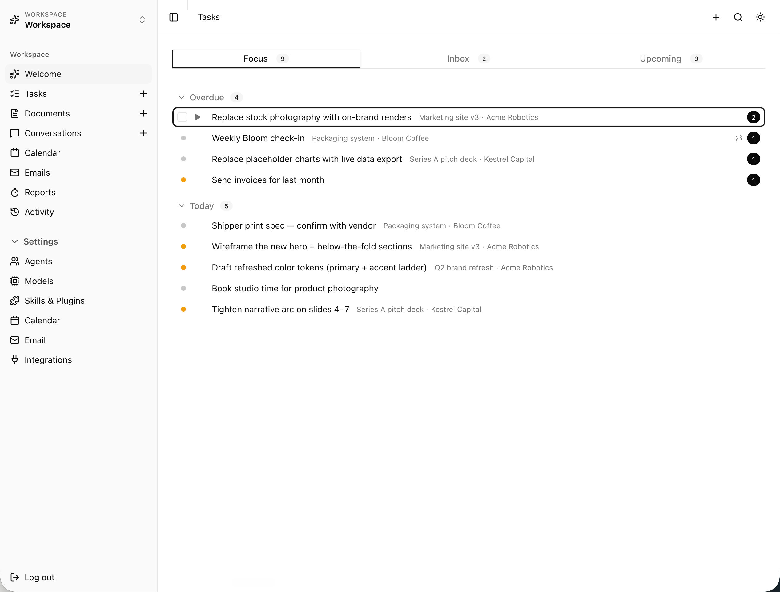 Tasks — focus, inbox, upcoming