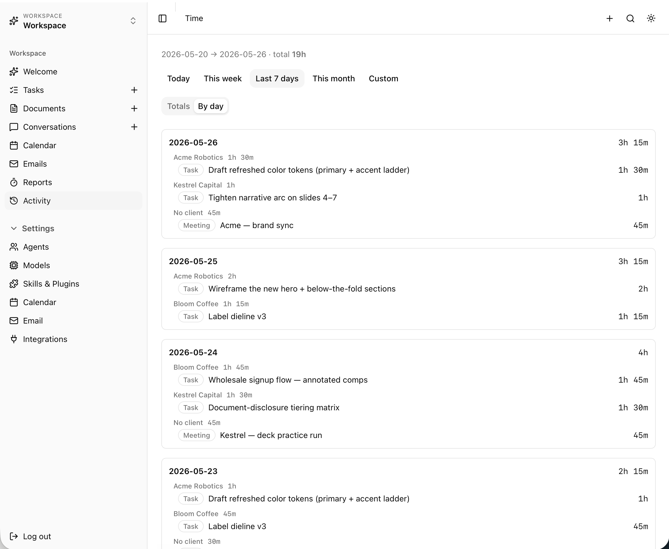 Time tracking — per-client breakdown
